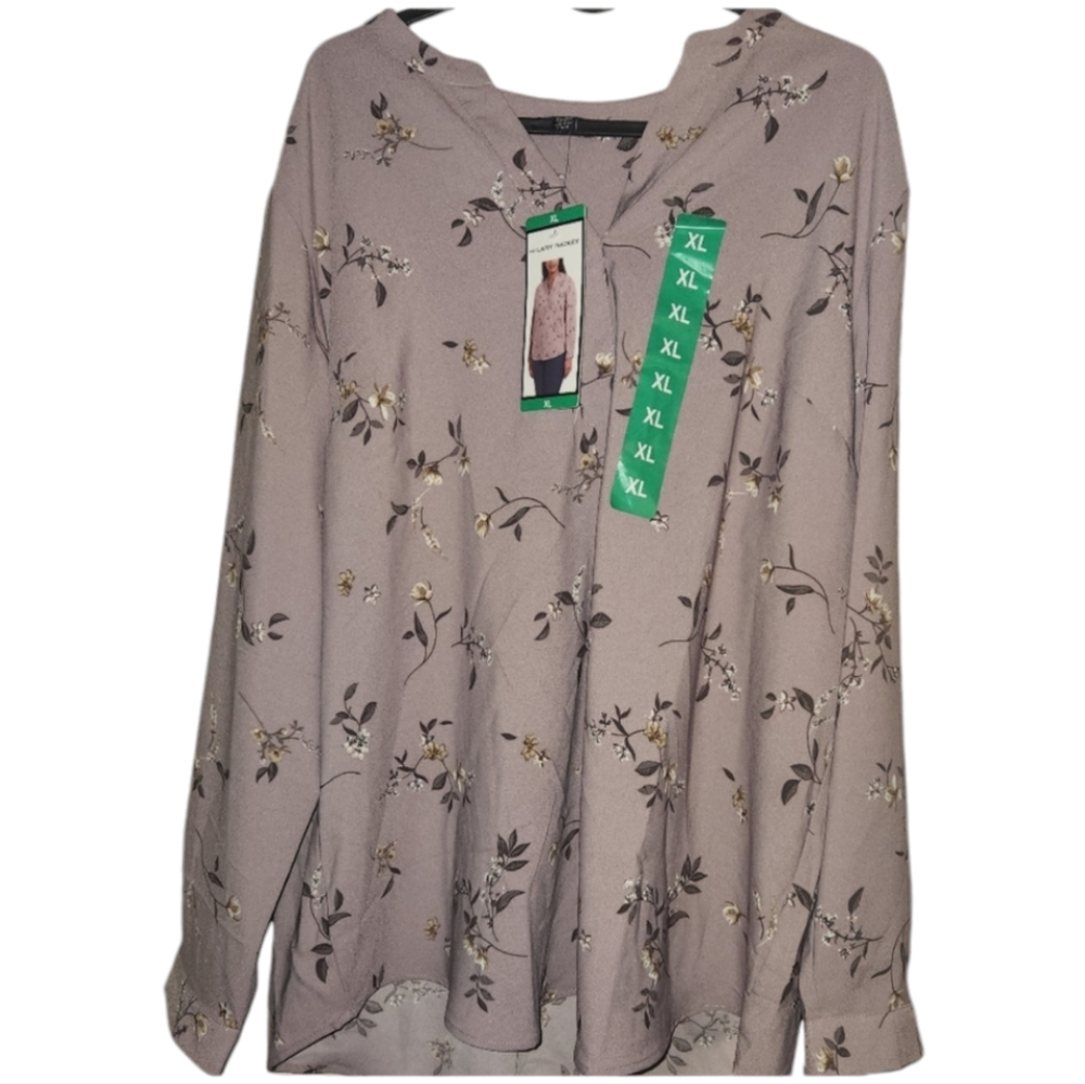 Hilary Radley Women's Long Sleeve Floral Mauve Bronze Blouse Size XL